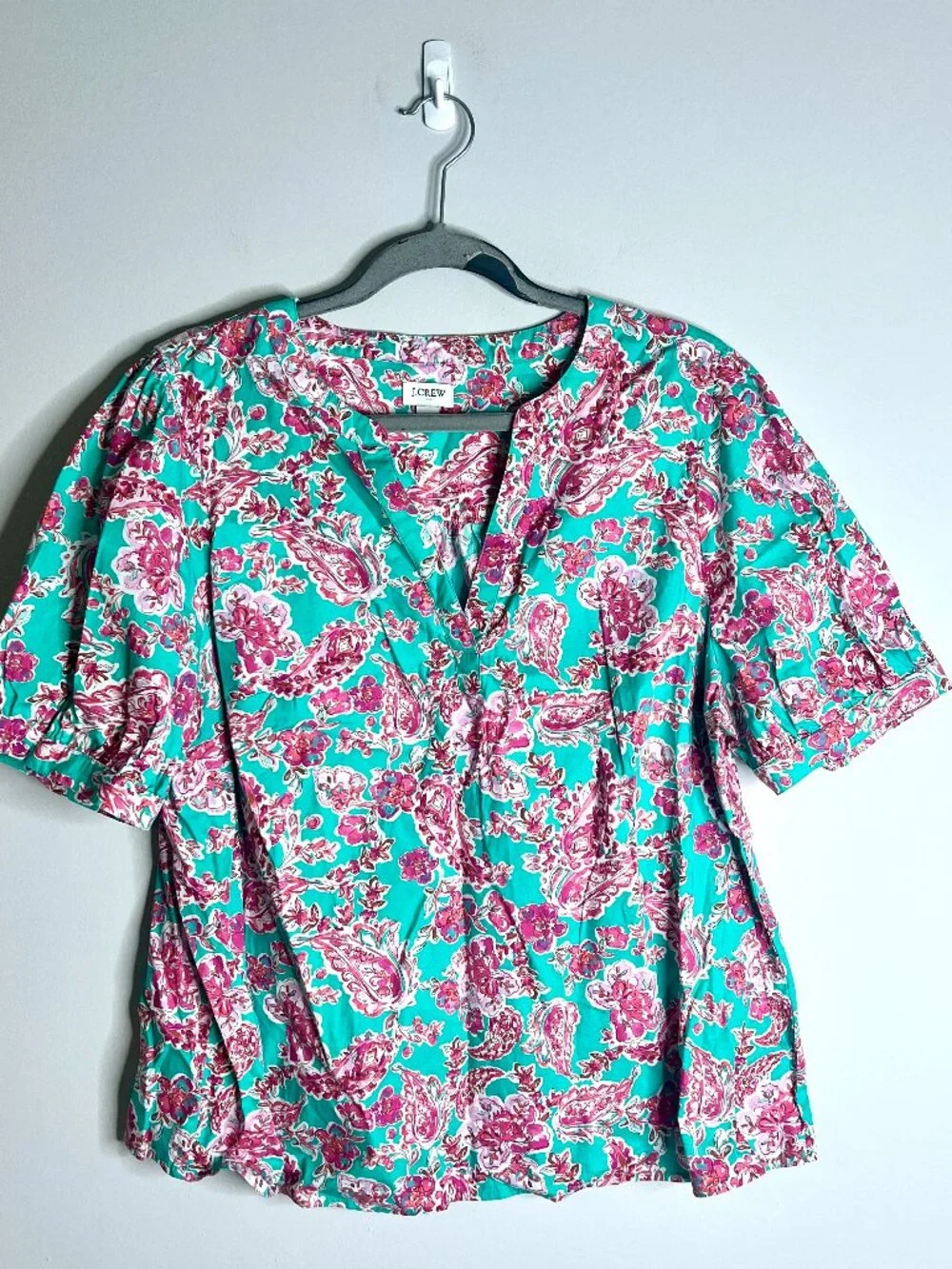 J. Crew Puff Sleeve Preppy Floral Printed Short-Sleeve Poplin Top Cotton Sz XL